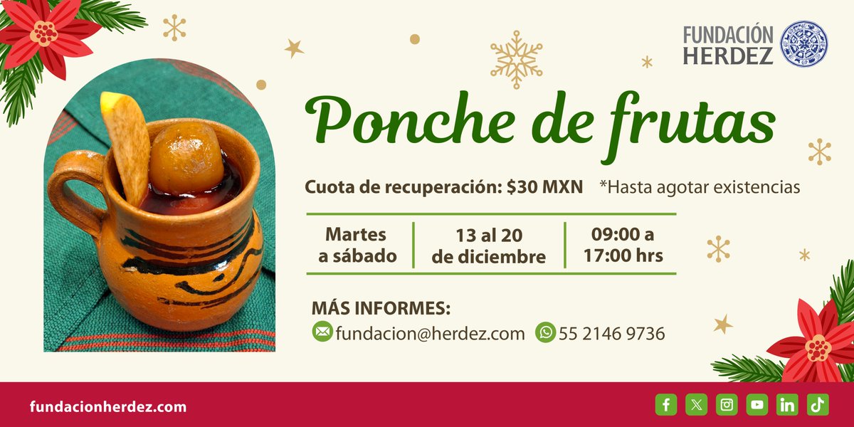 Nos adelantamos un par de días a nuestra tradicional degustación de temporada:
Ponche de frutas

Martes a sábado
del 09 al 20 de diciembre
Cuota de recuperación $30mxn
a partir de las 09:00h, hasta agotar existencias
¡Te esperamos!