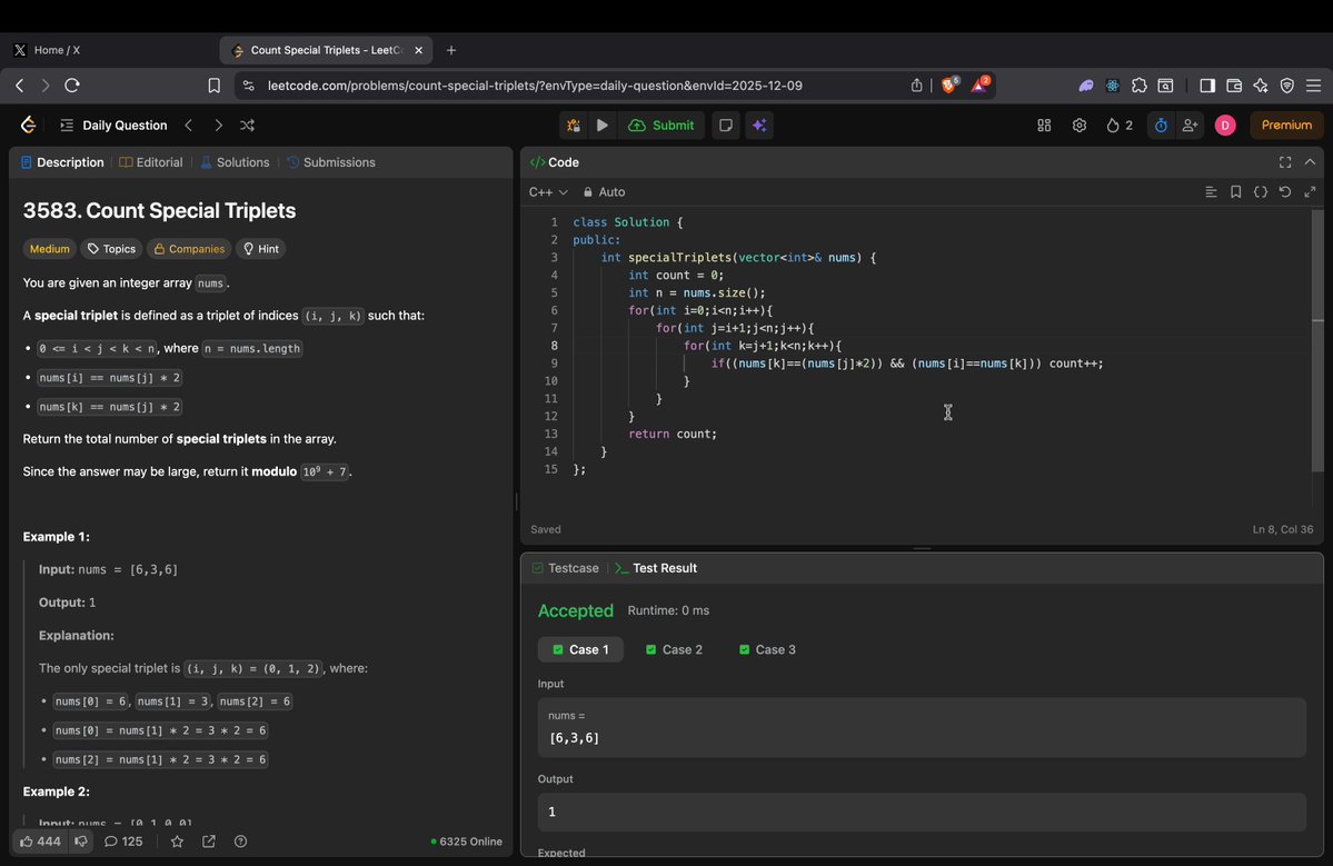 deepakagg2006's tweet image. Day 35/180
Leetcode POTD 3583
Brute Force, calculating all comb taking n^3
Better, For every index checked if target exists on left &amp;amp; right taking n^2
Optimal, used left and right map to check if target exists in left and right in O(1) thus getting O(n)
#LeetCode #leetcodedaily
