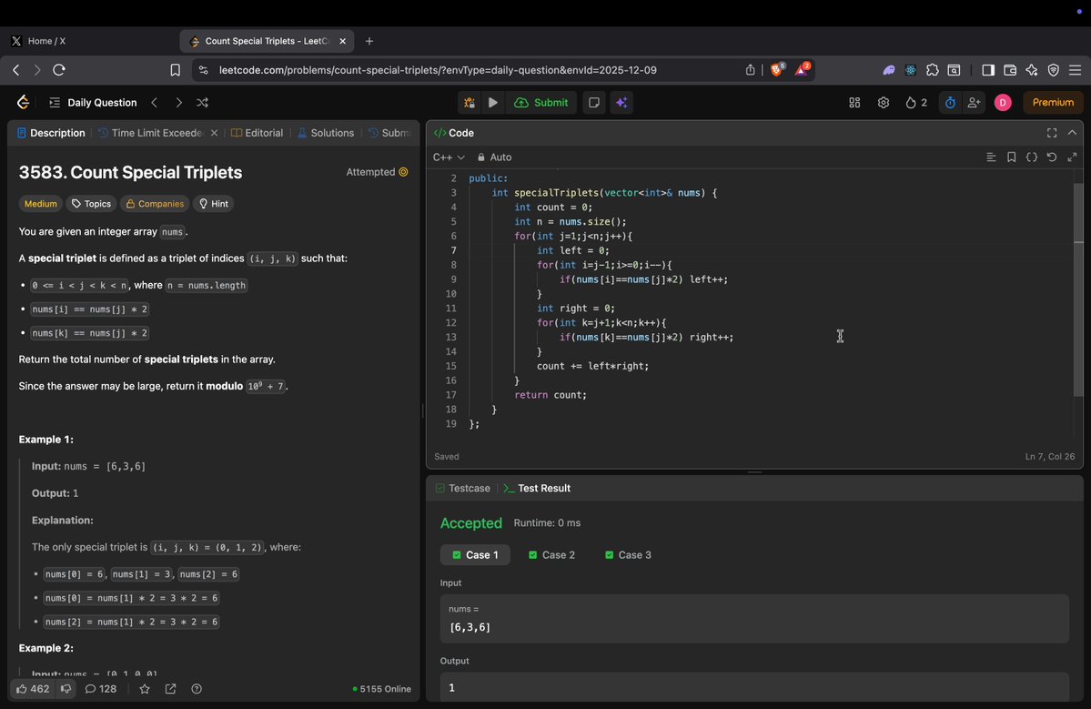 deepakagg2006's tweet image. Day 35/180
Leetcode POTD 3583
Brute Force, calculating all comb taking n^3
Better, For every index checked if target exists on left &amp;amp; right taking n^2
Optimal, used left and right map to check if target exists in left and right in O(1) thus getting O(n)
#LeetCode #leetcodedaily