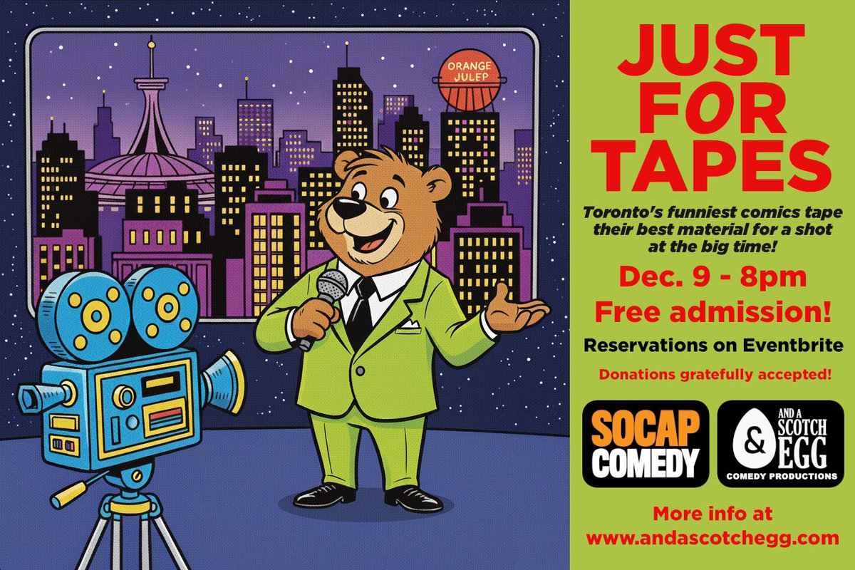 #Toronto! 

Come to this FREE standup showcase tonight featuring ten of the city's best comics taping their very best material!

8pm - SoCap Comedy (Danforth at Broadview)

Tix and info: andascotchegg.com