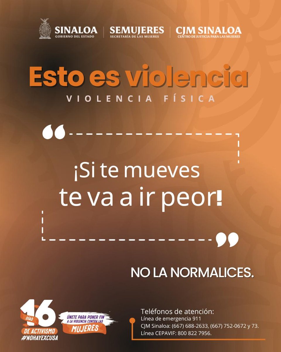 🟠🟣 Esto es violencia, no la normalices. 

¡Alza la voz!.

🎗️Por una vida libre de violencia.

#EstoEsViolencia #NoHayExcusa #NoEsNormalEsViolencia #16DíasDeActivismo #ActúaContraLaViolencia #25N
#TodasYTodosPorLaIgualdad #MujeresSeguras #CJMSinaloa