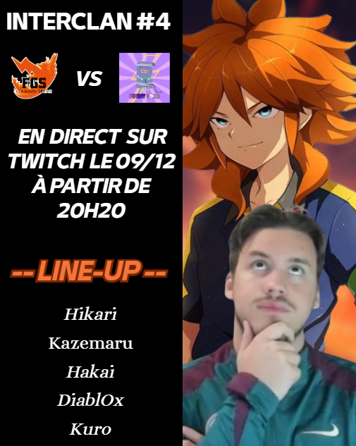 Nous affronterons la PSK ce soir à 20 heure 30 sur #InazumaEleven Victory Road et l'interclan sera à suivre en direct sur le Twitch de <a href="/ox_diabl/">FGS | DiablOx</a> 

Lien ici : twitch.tv/fgs_diablox