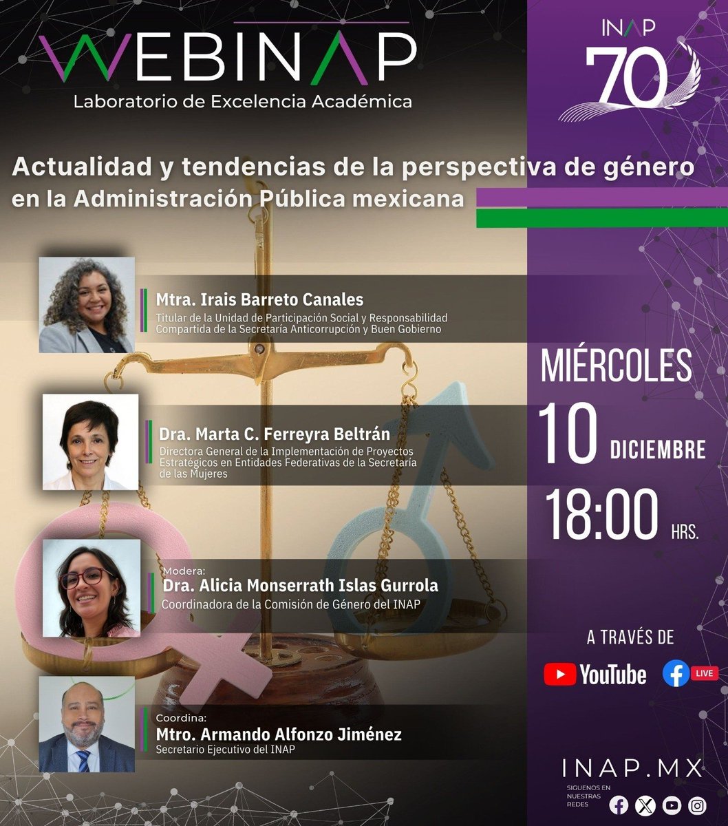 Acompáñanos en el WEBINAP “Actualidad y tendencias de la perspectiva de género en la Administración Pública mexicana”.
Expertas del ámbito público compartirán análisis, retos y oportunidades para seguir impulsando una gestión pública más igualitaria.

🗓 Miércoles 10 de diciembre