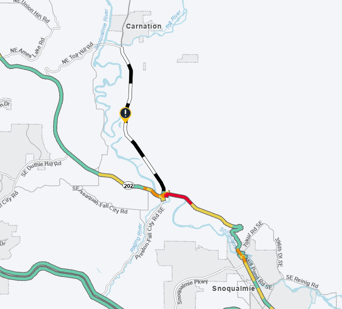 wsdot_traffic's tweet photo. UPDATE 3: SR 202 has reopened in both directions in Fall City. SR 203 between Carnation and Fall City remains closed due to water on the roadway.

Continue to expect delays @carnationwa https://t.co/P5A35HbMIP