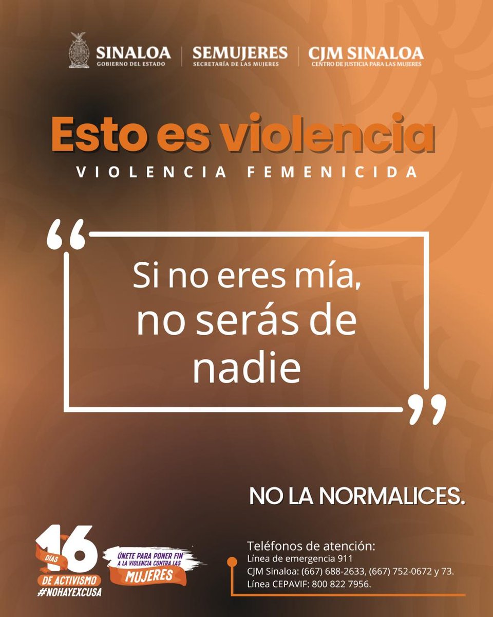 🟠🟣 Esto es violencia, no la normalices. 

¡Alza la voz!.

🎗️Por una vida libre de violencia.

#EstoEsViolencia #NoHayExcusa #NoEsNormalEsViolencia #16DíasDeActivismo #ActúaContraLaViolencia #25N
#TodasYTodosPorLaIgualdad #MujeresSeguras #CJMSinaloa