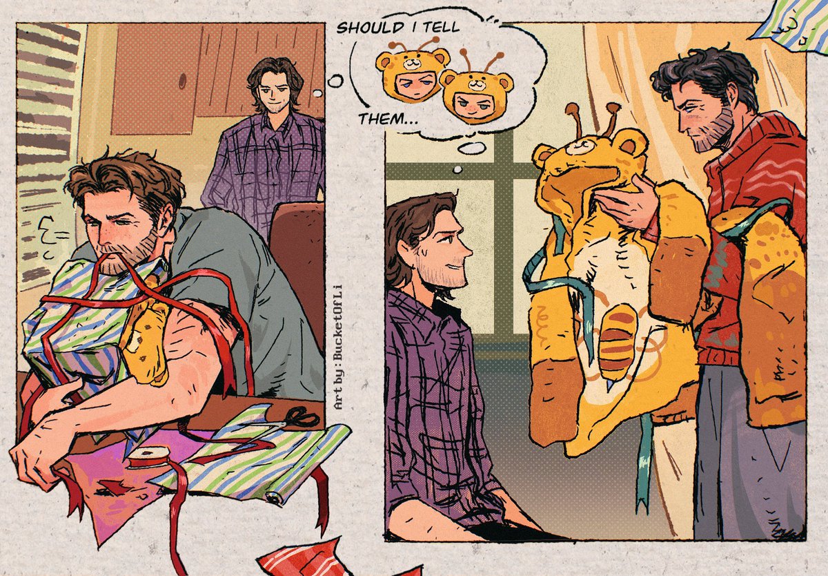 li_bucket's tweet image. 🎁December 9th
They got each other a same thing as gift :3 (this is a set of honey-bear pj btw)
#destiel