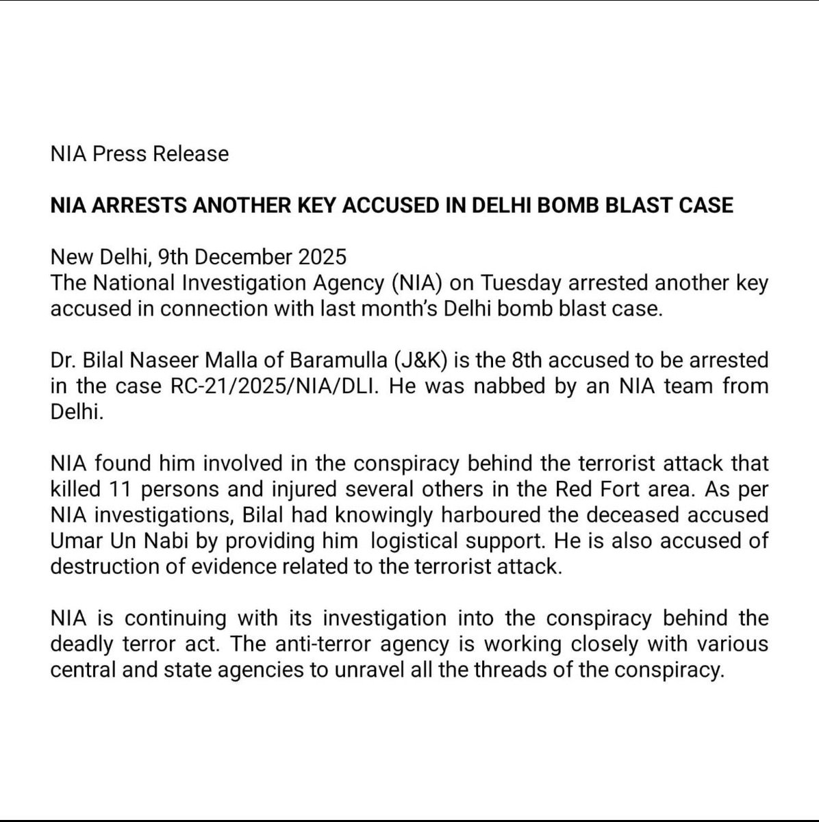 Big News!

One more Delhi blast conspirator in custody.
Big credit to NIA for relentless pursuit.

Every arrest sends a clear message:
India will hunt down every hand behind terror, no matter where they hide.