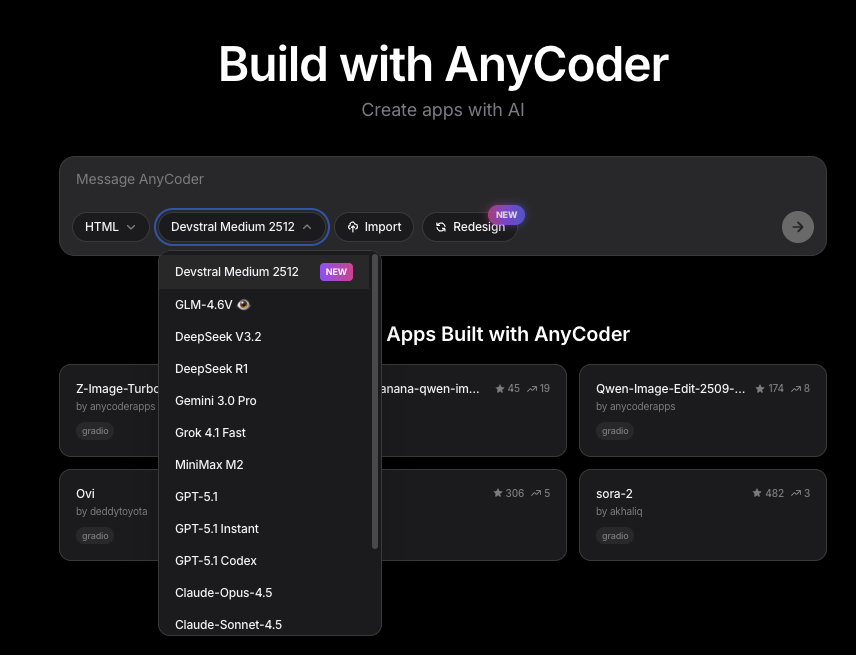AnyCoder model picker