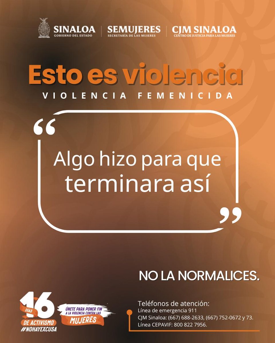 🟠🟣 Esto es violencia, no la normalices. 

¡Alza la voz!.

🎗️Por una vida libre de violencia.

#EstoEsViolencia #NoHayExcusa #NoEsNormalEsViolencia #16DíasDeActivismo #ActúaContraLaViolencia #25N
#TodasYTodosPorLaIgualdad #MujeresSeguras #CJMSinaloa