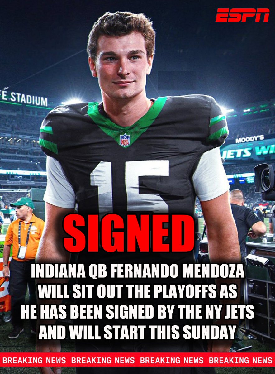 PatrickWCutler's tweet image. BREAKING:  Indiana QB Fernando Mendoza will forego the College Football playoff as he has signed with the NY Jets for $50 Billion and will play this Sunday at Jacksonville....#nflmemes #parody #satire