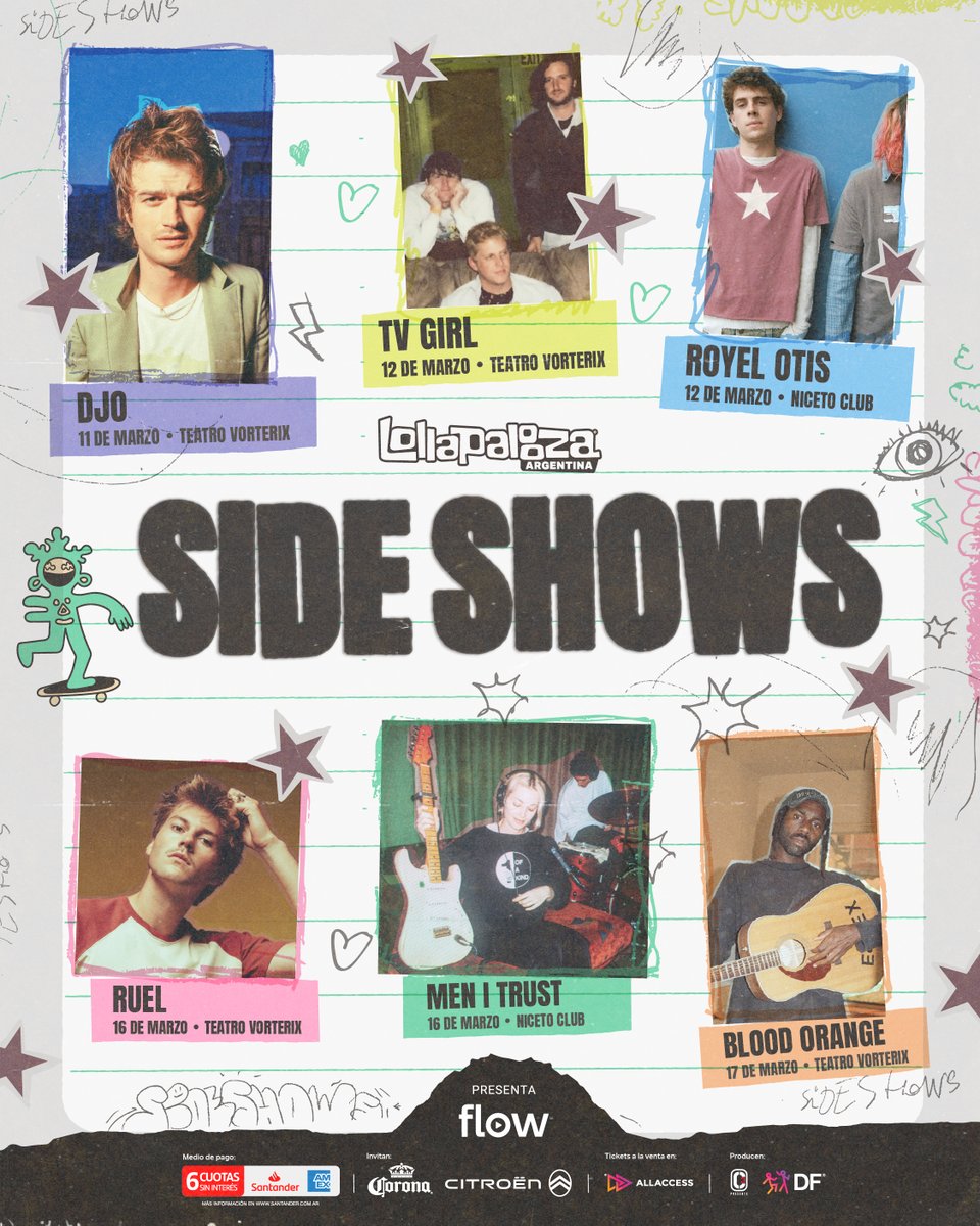 LLEGARON LOS SIDESHOWS #LOLLAAR26 📣 🛼

Djo | 11/03 | Teatro Vorterix
TV Girl | 12/03 | Teatro Vorterix
Royel Otis | 12/03 | Niceto Club
Ruel | 16/03 | Teatro Vorterix
Men I Trust | 16/03 | Niceto Club
Blood Orange | 17/03 | Teatro Vorterix

🎟️Preventa LOLLAFAM: miércoles 10 de