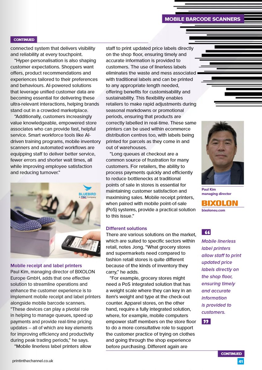 In Print in The Channel, Paul Kim, Managing Director at #BIXOLON Europe, highlights how #mobile receipt &amp; label #printers with barcode scanners help retailers manage queues, speed up payments, and update prices in real time this #PeakSeason ✨
Read more: mags.printinthechannel.com/view/445616897…