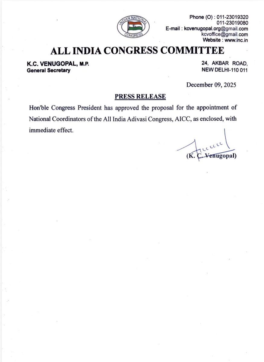 INCSandesh's tweet photo. Hon'ble Congress President has approved the proposal for the appointment of National Coordinators of the All India Adivasi Congress, AICC, as enclosed, with immediate effect. https://t.co/Fe6Zm2vf9k