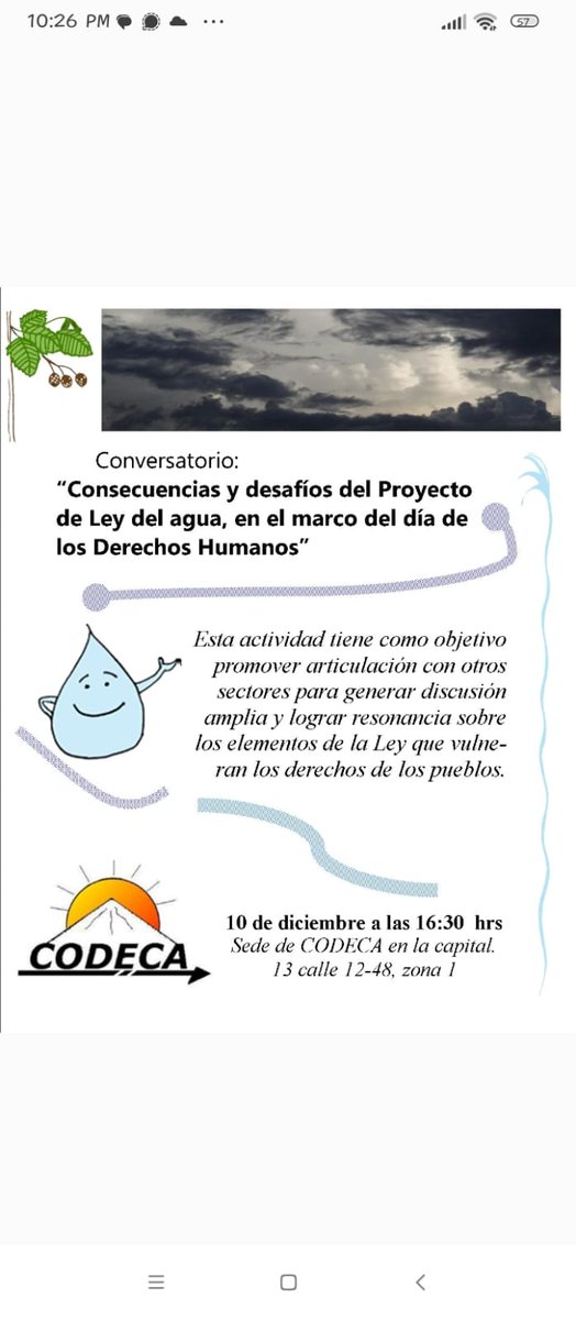 CodecaCapitalGt's tweet image. 👉🏽 Invitados/as al conversatorio:  "Consecuencias y desafíos del Proyecto de Ley de Aguas, en el marco del día de los Derechos Humanos." 
🗓️ 10 de diciembre 2025
🕛 4:30 p.m.
✏️ 13 calle 12-48 Zona 1, Ciudad de Guatemala