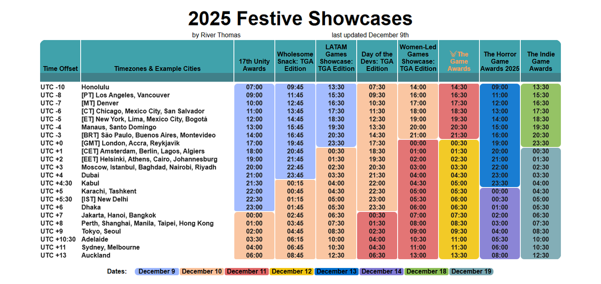 RiverThomasDev's tweet photo. Added #TheGameAwards and other end-of-year showcases and awardshows to my timezone adjusted overview, now in a sleek new design! 
As always, includes all the links to the various streams on YT/Twitch.

https://t.co/0FtJnGy2zW https://t.co/VPcFzgtATz