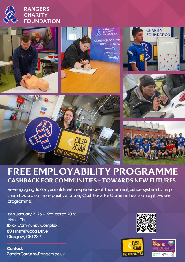 LinthouseHA's tweet image. @RFC_Charity next CashBack for Communities – Towards New Futures programme starts on Monday 19 January at the Ibrox Community Complex; an 8-week employability and personal development course for young people aged 16–24. Contact Zander for more information.