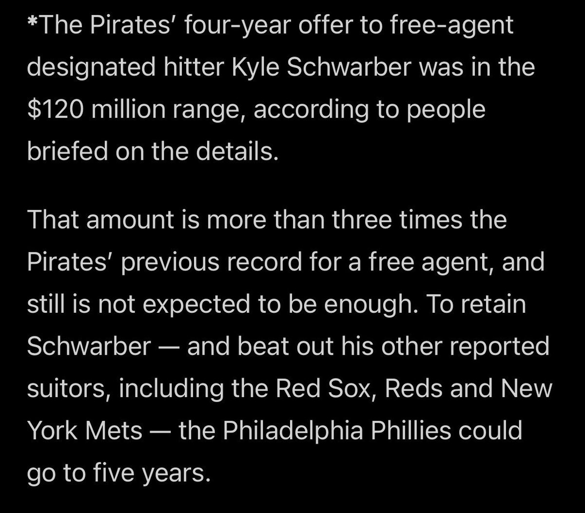 Whoa. The Pirates offered Schwarber $30M per year on a 4-year contract. That’s very significant from an AAV standpoint. Probably won’t be good enough without the 5th year though
