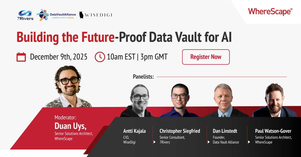 wherescape's tweet image. Join us live at 10 AM ET! 🌟 Learn how Data Vault 2.0 supports AI. Don&apos;t miss the insights from our experts! 🔗 ow.ly/GMaJ50XFGFL #DataVault #AIEngineering #MachineLearning #AIReadyData #MetadataDriven #WhereScape