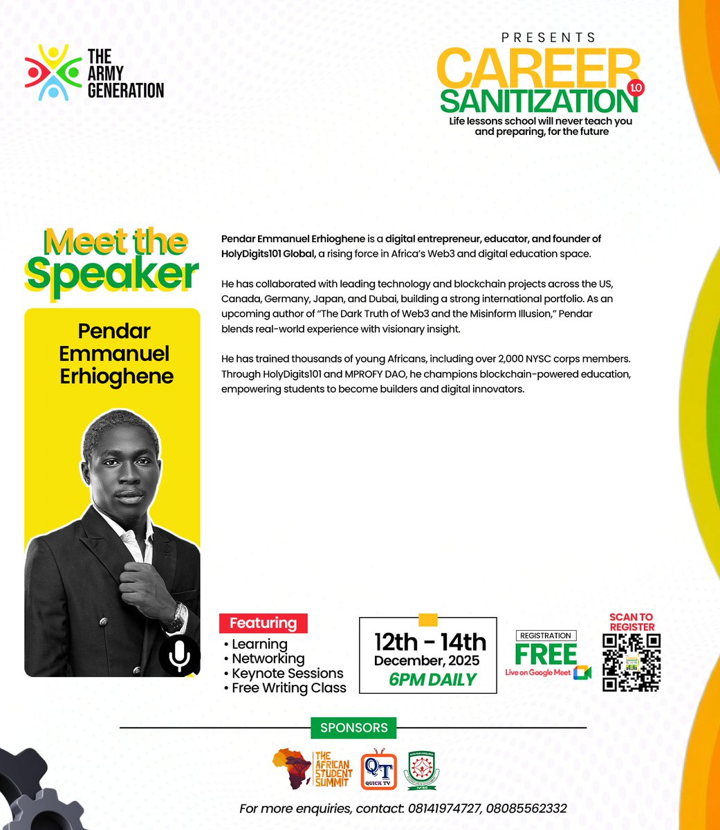 Elite_crypt's tweet photo. Get ready! 🚀
*Pendar Emmanuel Erhioghene* will be sharing deep insights on digital entrepreneurship, Web3, and the future of innovation at *Career Sanitization 1.0*.
Join us from *Dec 12–14, 6PM daily* for learning, networking, and real career clarity. https://t.co/W522RT7Ro5