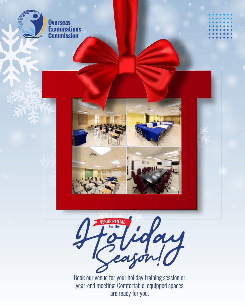OverseasExams's tweet image. Book now before the holidays! 
Visit our website at overseasexams.org.jm or 
Send us an email at lsmith@overseasexams.org.jm

#VenueRental #EventSpace #OECJamaica #OverseasExaminationsCommission