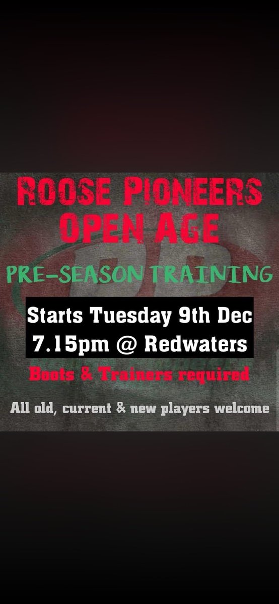 RPARLFC's tweet photo. Preseason training starts TONIGHT, Redwaters at 7:15PM. #upthepio @BarrowandDis_RL @BarrowRaiders @WandFCouncil @ActiveCumbria @bbccumbriasport @barrowpolice @FurnessCollege @CumbriaUni @Six_Again @RFLCommunity @TheRFL https://t.co/BnhjENUSlg