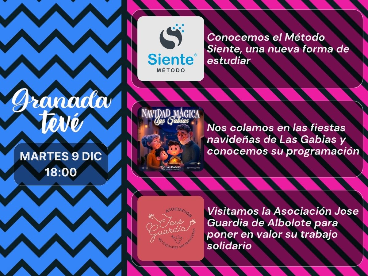 ¡Martes de #GranadaTevé!

🧠 Método Siente, transformación a la hora de estudiar
🎄 Navidad en Las Gabias
🤗 Asociación Jose Guardia, en Albolote

🎙️ Desde las 18:00 h., con <a href="/fherherrer/">Fer Herrero Andreu</a>