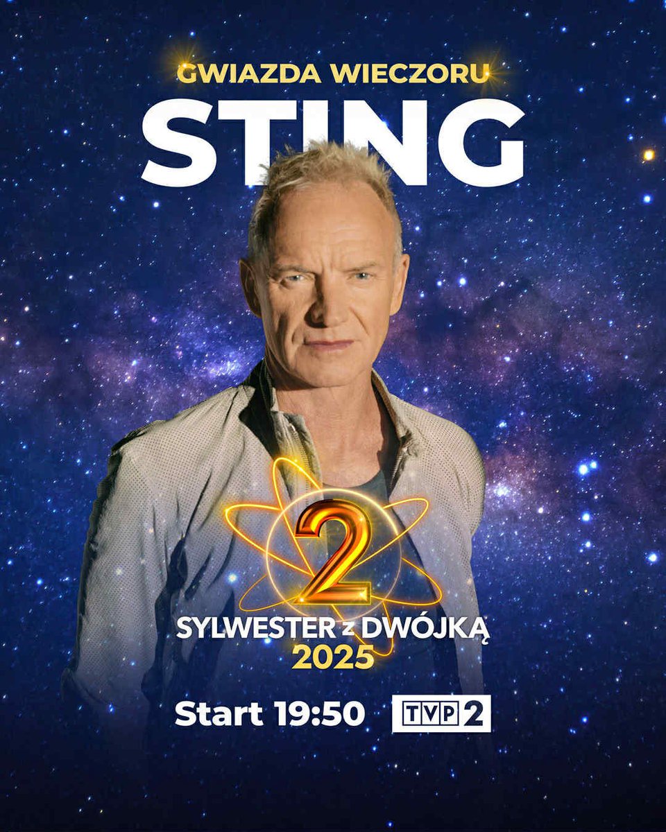 TVP's tweet image. Międzynarodową gwiazdą największej imprezy roku będzie Sting ⭐ Sylwester z Dwójką 💥 o 19:50 w Katowicach pod Spodkiem i w TVP2 🧡
