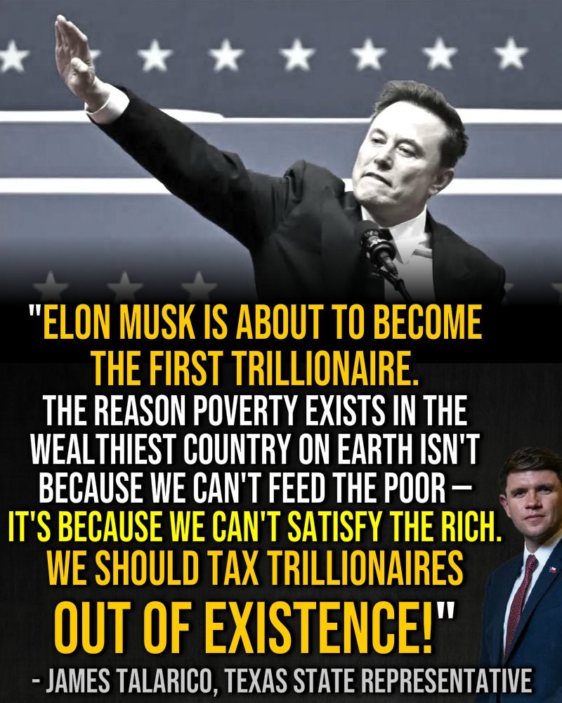 BREAKING: A Texas Republican just went on live television and openly called for taxing billionaires “out of existence” because Elon Musk is about to become the world’s first trillionaire.

It’s time for a Billionaire Wealth Tax. 

#TaxTheRich #EatTheRich #JamesTalarico