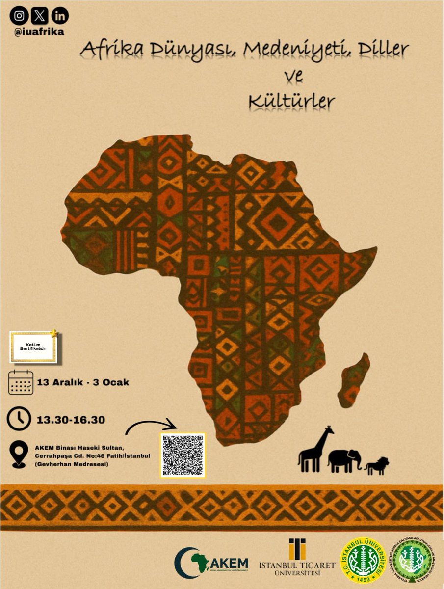 İstanbul Üniversitesi Afrika Çalışmaları Merkezi olarak, paydaşlarımızla birlikte hayata geçirdiğimiz "Afrika Dünyası, Medeniyeti, Diller ve Kültürler Programı" başlıyor.

🗓️ Son Başvuru: 12 Aralık 2025 Cuma 🔗 Başvuru Linki: forms.gle/Sn6TDpyL1VhViU…