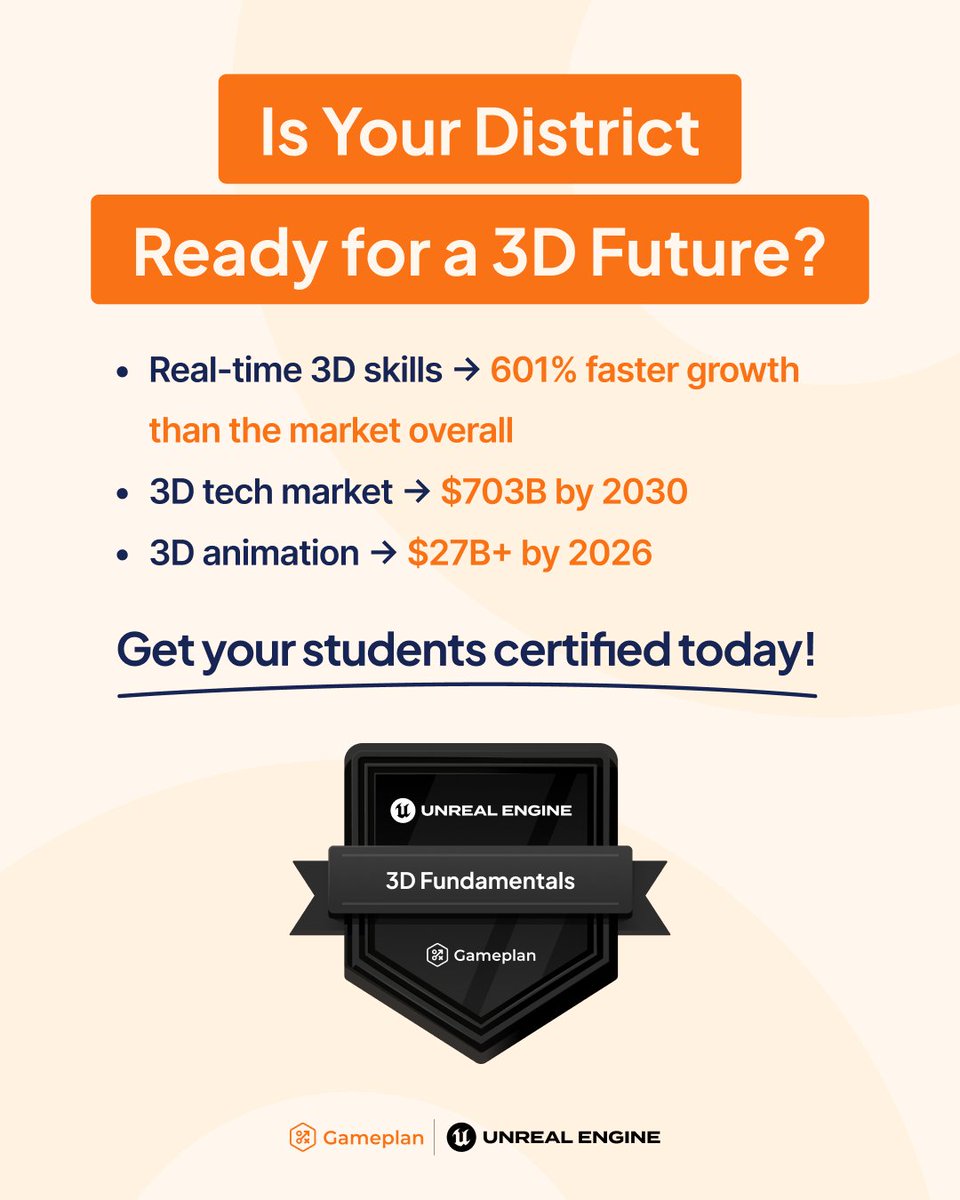 GameplanEd's tweet image. The 3D industry is growing. Students can now get certified in Unreal Engine 3D Fundamentals, showing they have the skills to enter the high-demand job market. 📈

Don’t let your district fall behind → gameplan.com/certifications…

#UnrealEngine #CTE #CareerReady #EdTech