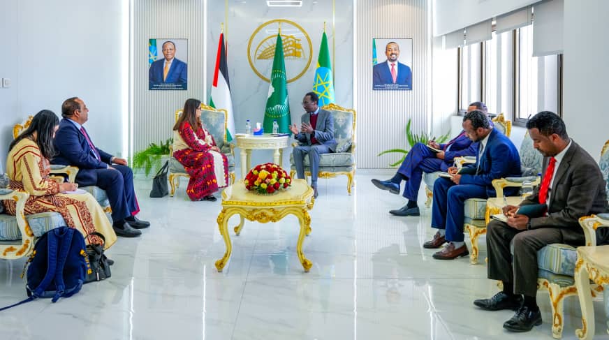 Minister of Foreign Affairs, Gedion Timothewos met with Varsen Aghabekian Shahin, Minister of Foreign Affairs and Expatriates of the State of Palestine at his office, earlier today. The ministers held discussions and exchanged views on regional and international peace and