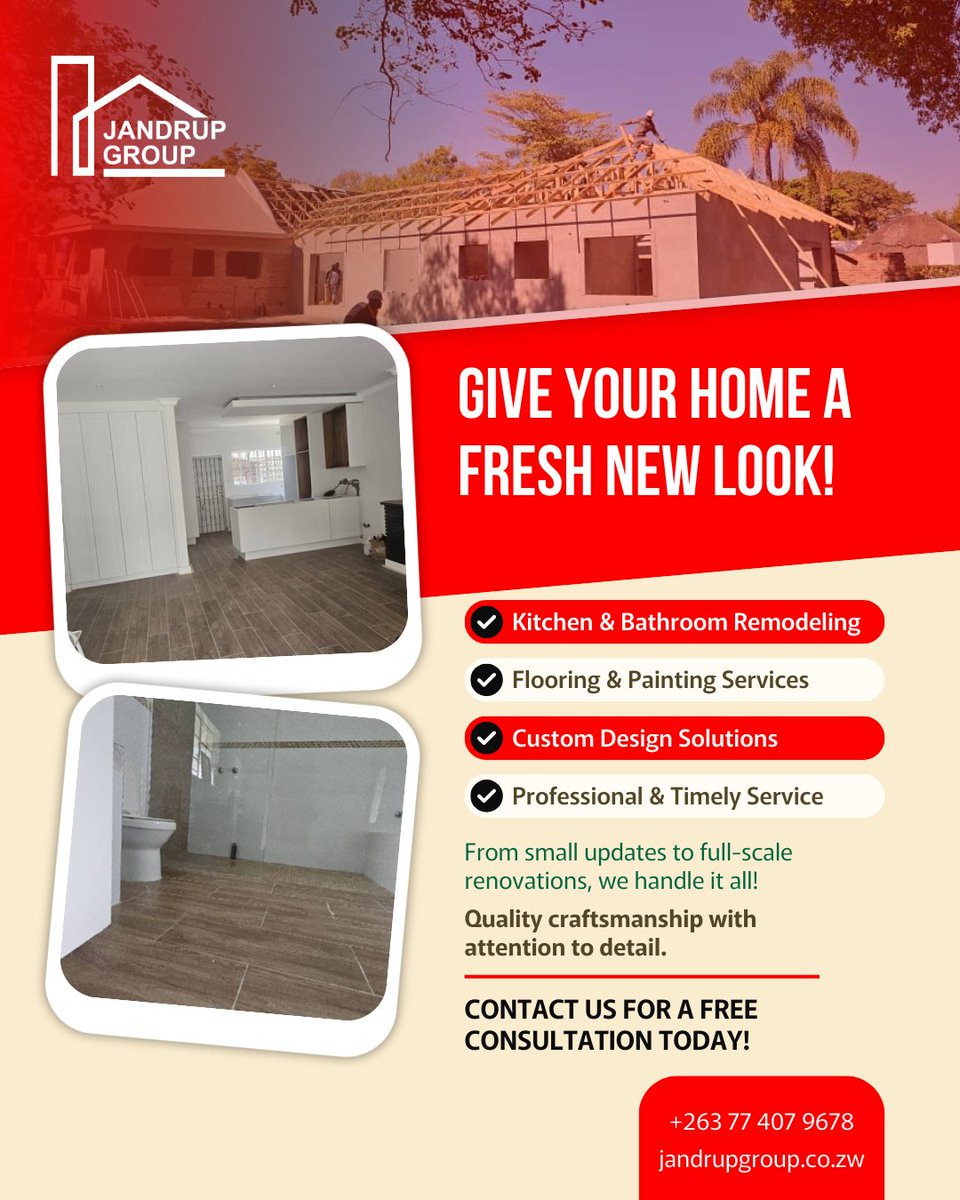 JandrupG's tweet photo. Ready to transform your space? We specialize in kitchen and bathroom remodelling, custom design solutions, and full-scale renovations.

Contact us today for a FREE consultation at +263 77 407 9678 or visit https://t.co/RgcNhTk90T

#HomeRenovation #JandrupGroup #TransformYourSpace https://t.co/6s5YGafOFD