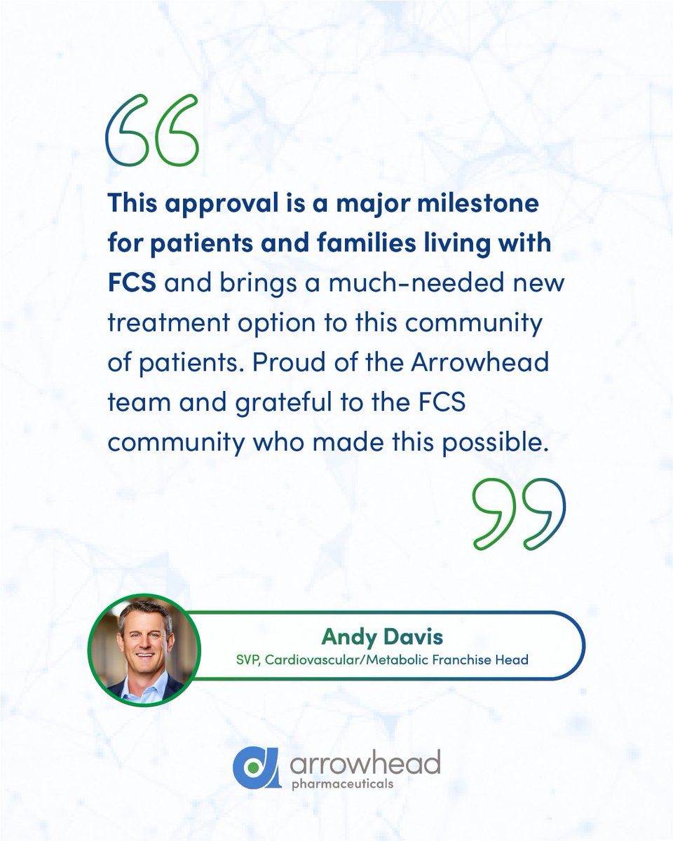 ArrowheadPharma's tweet photo. Andy Davis, our SVP and Cardiovascular/Metabolic Franchise Head, reflects on our new FDA-approved therapy to lower triglycerides in adults with Familial Chylomicronemia Syndrome (FCS).
Learn more:https://t.co/q9BqDKVdZR
#RareDisease #FCSCommunity https://t.co/JcWpK4GVIE