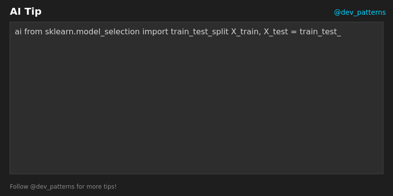 Dev_Patterns's tweet image. What&apos;s the output?

```ai
from sklearn.model_selection import train_test_split
X_train, X_test = train_test_split(X, test_size=0.2)
``` #AI #CodeChallenge #Programming #TechTwitter
