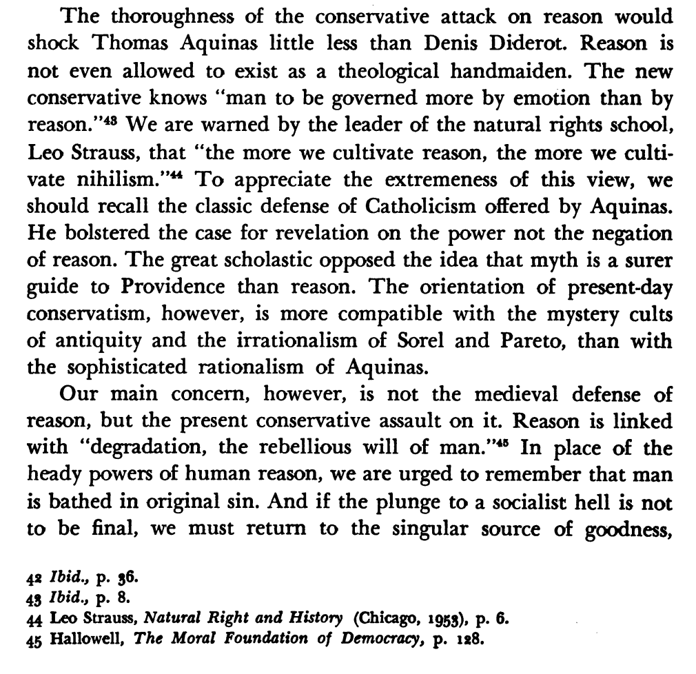 ls_foundation's tweet image. Irving Horowitz (Science and Society, Winter 1956) misreading a line in Strauss's Natural Right and History.