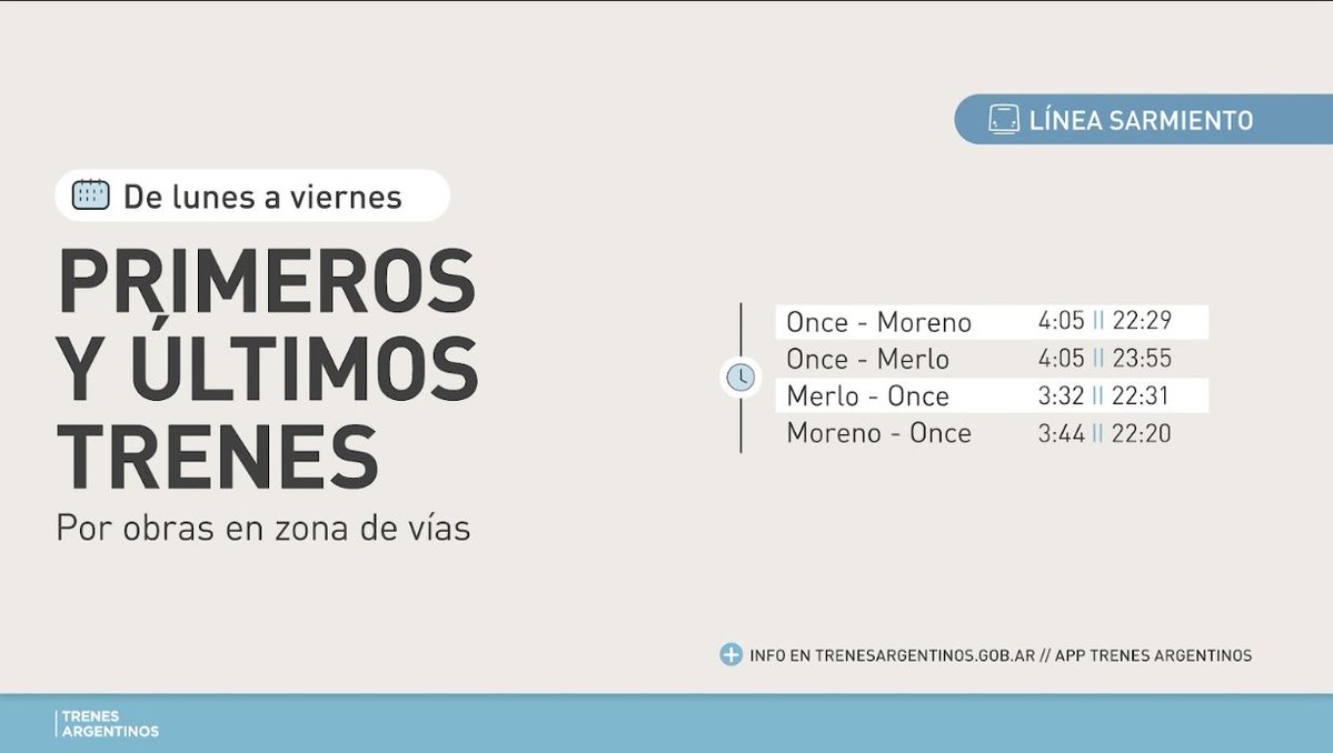 #TrenSarmiento

🚧 Por obras en zona de vías

 👉 Desde hoy 09/12 y hasta el viernes 12/12, el servicio #Once - #Moreno circulará con modificaciones en los primeros y últimos trenes.