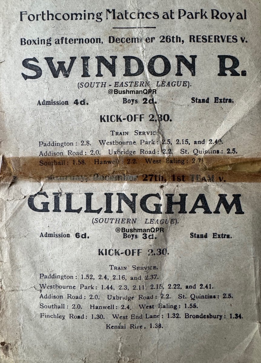BushmanQPR's tweet photo. 1913: #QPR Forthcoming Matches at Park Royal 26th and 27th December @Official_STFC and @TheGillsFC #QPRhistory https://t.co/8EE4AiJ6eI