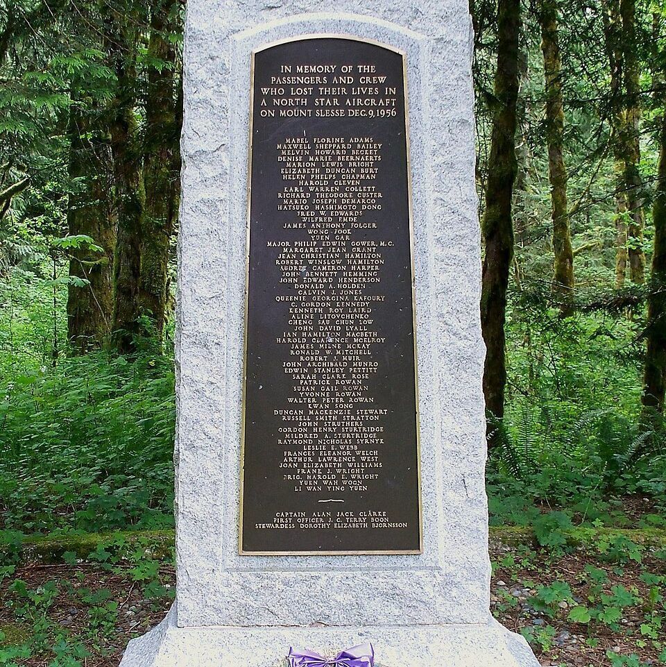 CraigBaird's tweet photo. On Dec. 9, 1956, Trans-Canada Air Lines Flight 810-9 was on its way from Vancouver to Calgary. On board were 62 people, including five CFL players.
Near Chilliwack, the plane crashed into Mount Slesse. 
The remains of the aircraft are there to this day.
This is the story.

At 6:10 p.m., Flight 810-9 left Vancouver and was assigned to fly in the Green 1 air lane towards Calgary. Allan Clarke, a former bomber commander during the Second World War, was flying the plane. By 6:55 p.m., the plane had climbed to 5,900 metres near Cultus Lake.

Among the passengers were five CFL players on their way home from the annual Shrine Game. The players were Melvin Becket, Mario DeMarco, Gordon Sturtridge and Ray Syrnyk with the Saskatchewan Roughriders. They were joined by Calvin Jones from the Winnipeg Blue Bombers.

Normie Kwong was supposed to be on the plane but remained in Vancouver to spend time with his future wife. Around 7 p.m., there was a fire warning indication in the inner port engine. Clarke asked for approval to fly on Airway Green 1 back to Vancouver. 

This was approved but instead of making a left, he made a right turn. Clarke radioed air traffic control and was given clearance to descend to 2,400 metres. At 7:11 p.m., the plane disappeared from radar. The last known location was near the 2,600 metre Mount Silvertip.

The crash site was not located until May 1957 when it was found by mountaineers Elfrida Pigou, Geoffrey Walker and David Cathcart. Located on the third peak of Mount Slesse, investigators found the plane had slammed into the mountain at near full speed. 

The wreckage remains at the site but a memorial has been erected in Chilliwack. The DeMarco-Becket Memorial Trophy was donated to the CFL by the families of Mel Becket and Mario DeMarco. It is awarded to the CFL's Most Outstanding Offensive Lineman Award. 

I hope you found the story of Trans-Canada Air Lines Flight 810-9 interesting.

If you enjoy my Canadian history content, you can support my work with a donation at 👇 
https://t.co/ori5TwxQs3

Sources:

Aviation Safety Network: https://t.co/6t9ZeaBviW 
CFL: https://t.co/kR8bVM9QB7 
Calgary Herald: How love saved the life of Normie Kwong and kept him off a doomed plane, 65 years ago today