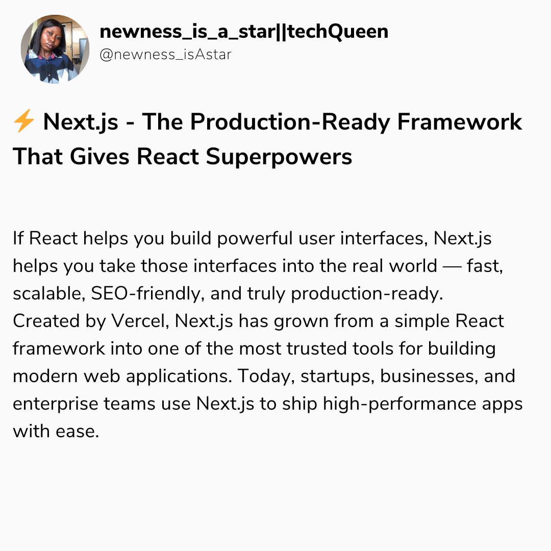 newness_isAstar's tweet image. ✅  Next.js — The Production Framework for React Developers (part1)

#NextJS #ReactJS #WebDevelopment #Frontend #Tech