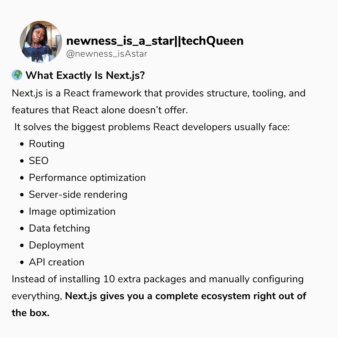 newness_isAstar's tweet image. ✅  Next.js — The Production Framework for React Developers (part1)

#NextJS #ReactJS #WebDevelopment #Frontend #Tech