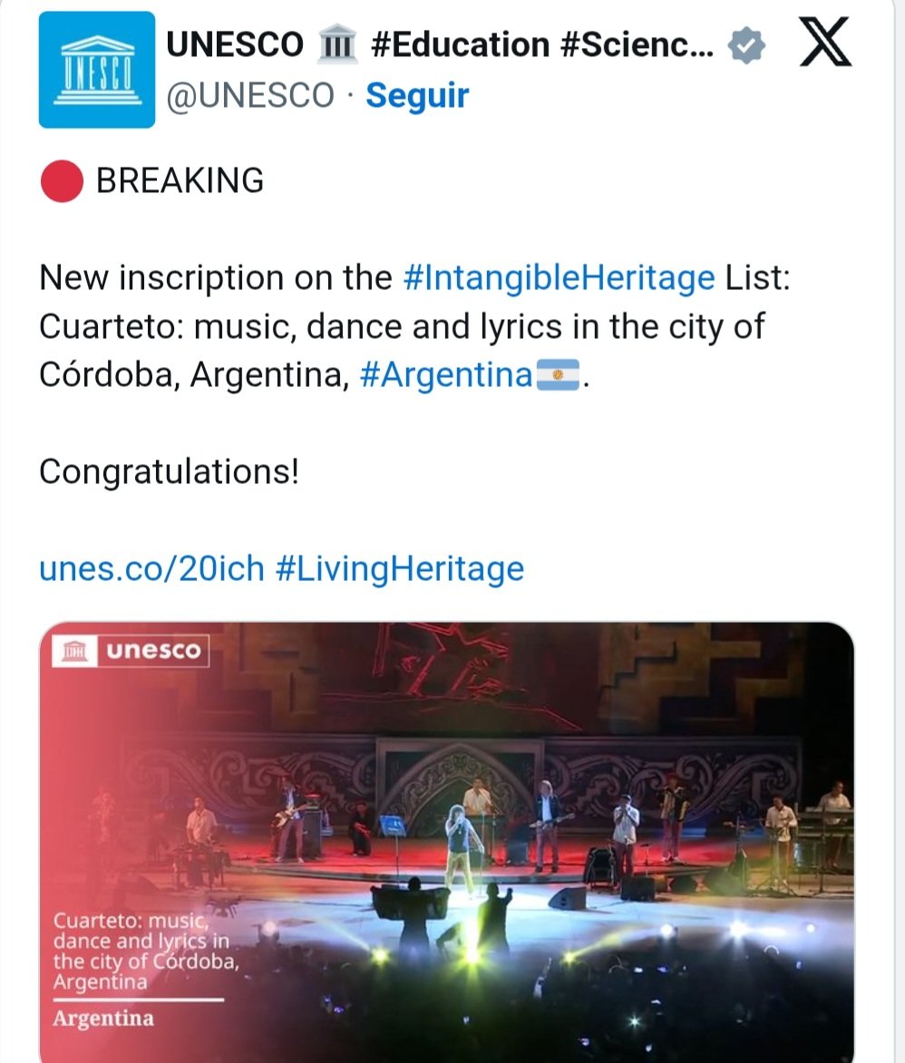 NUESTRO CUARTETO CORDOBES "PATRIMONIO DE LA HUMANIDAD" nombrado por la <a href="/UNESCO_es/">UNESCO en español 🏛️#Educación #Ciencia #Cultura</a> 
Nota completa en 
lavoz.com.ar/espectaculos/m…