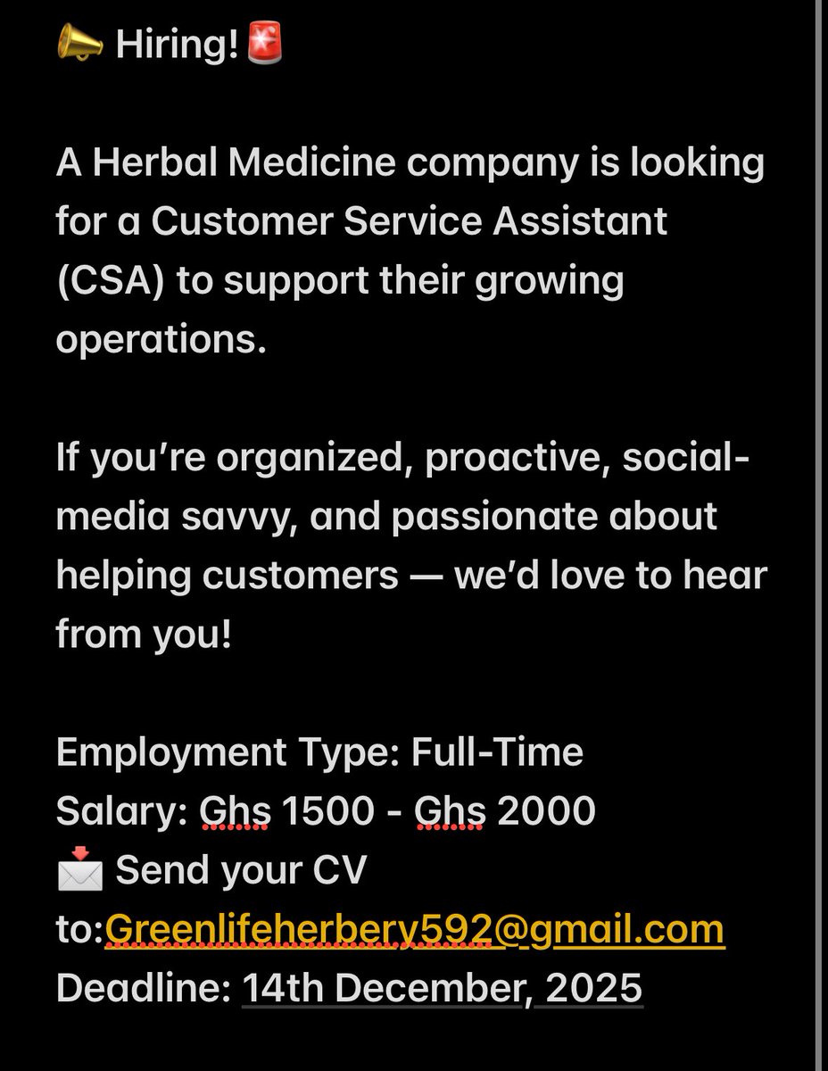 📩Send your CV to: Greenlifeherbery592@gmail.com
Deadline: 14th December, 2025