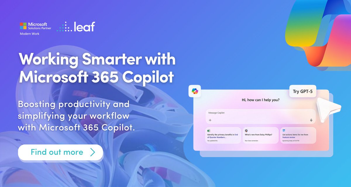 Missed our webinar on Microsoft 365 Copilot?

Discover how AI can simplify tasks like drafting docs, analysing data &amp; managing emails.

Boost productivity today!
📞 hello@leaf-it.com | ☎ 028 2890 7650 | 🌐 f.mtr.cool/qjbdunerpm

#Microsoft365 #Copilot #AI #WorkSmarter