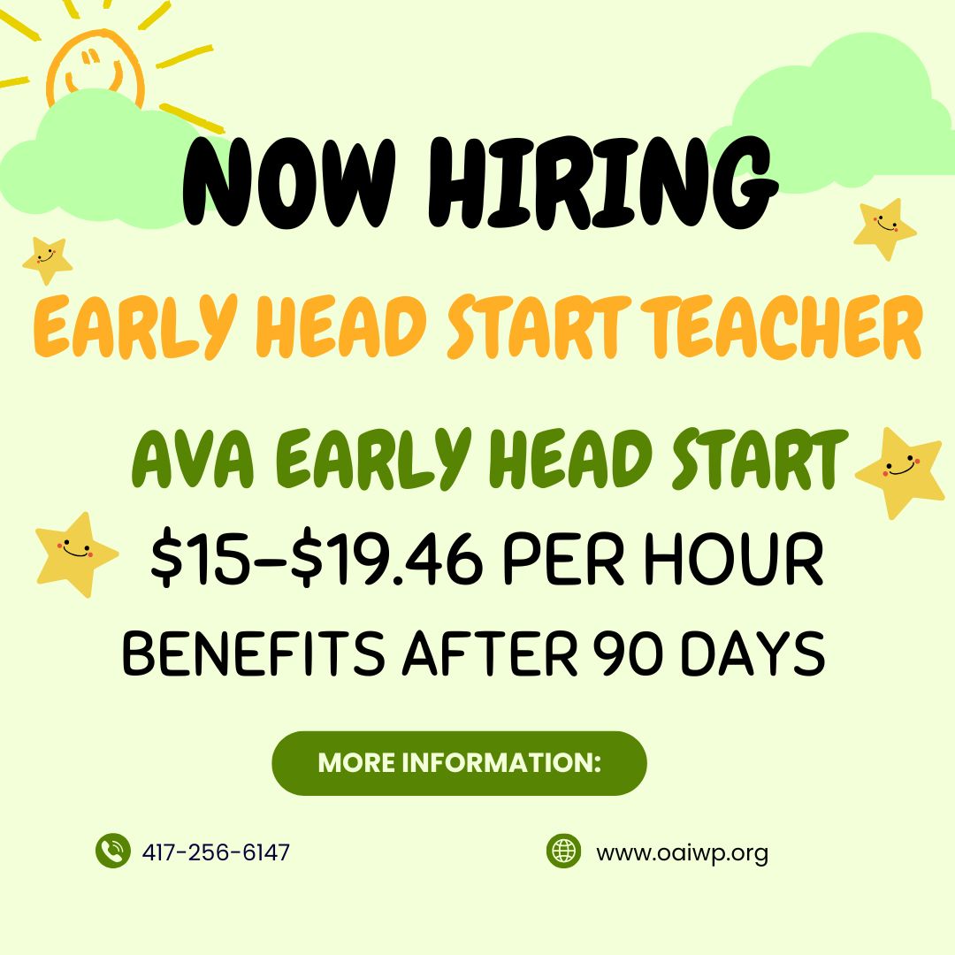 Ozark Action has an immediate opening for an Early Head Start teacher at Ava Head Start in Ava, MO.
Interested applicants may apply by visiting oaiwp.org or by picking up an application at any OAI location.
This position is open until filled or by March 9, 2026.