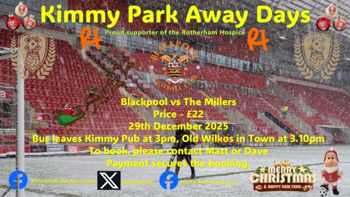 Blackpool away. Limited seats available and filling up fast. UTM
Kimmy Park Away Days- Proud supporters of the <a href="/RotherHosp/">Rotherham Hospice</a> 

<a href="/RotherhamUnited/">Rotherham United</a> 

Please share Millers fans. UTM