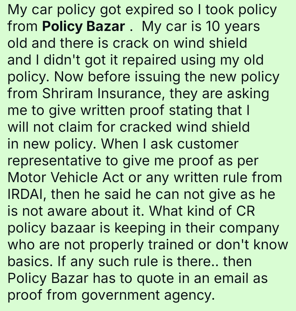 ErBVajpayee's tweet photo. @policybazaar @Shriram_GI @FinMinIndia @DFS_India @jagograhakjago @moneycontrolcom Policy bazaar is failed to give proof for broken wind shield than can not be claimed in new policy by Shriram Insurance. CR by Policy Bazaar are incompetent. Shame on Policy Bazaar https://t.co/Ei7kxPYObc