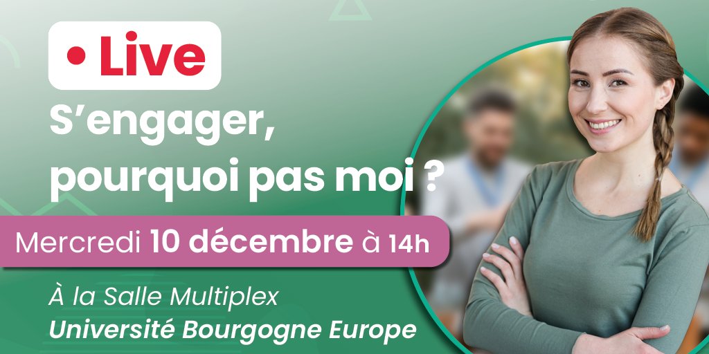 Dans le cadre de la journée de l’engagement des jeunes organisée ce 10 déc. par la Drajes BFC, le SDJES 21 et <a href="/infojeunesbfc/">Info Jeunes Bourgogne-Franche-Comté</a>, vous pourrez assister à un live d'info sur le thème S'engager pourquoi pas moi ?.
🕑 14h
📍 Salle Multiplex - <a href="/univbourgeurope/">Université Bourgogne Europe</a>
 👉 jeunes-bfc.fr/les-lives-dinf…