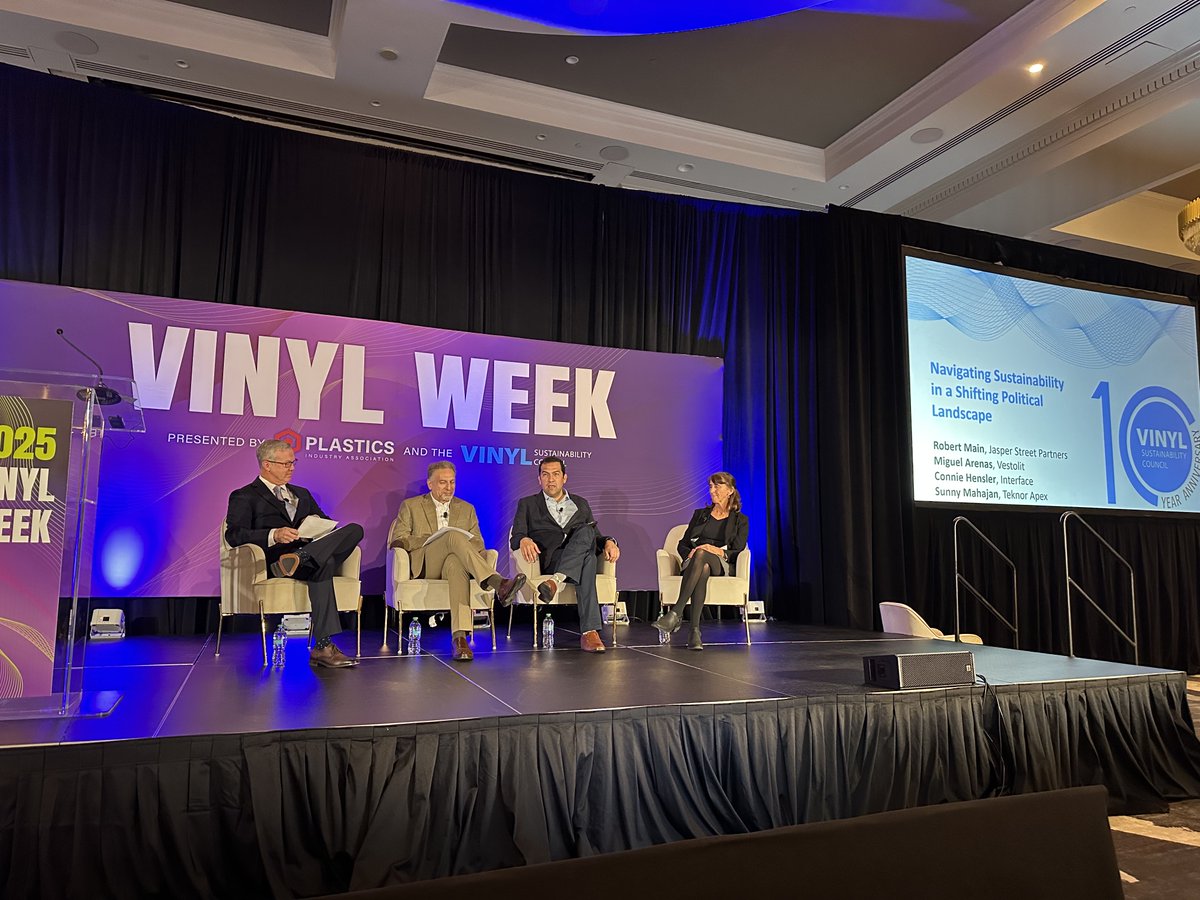 Following his incredible #VinylWeek 2025 keynote address, Richard Main is now joined onstage by Miguel Arenas (Vestolit), Connie Hensley (Interface), and Sunny Mahajan (Teknor Apex) for a discussion on navigating sustainability in a shifting political landscape.