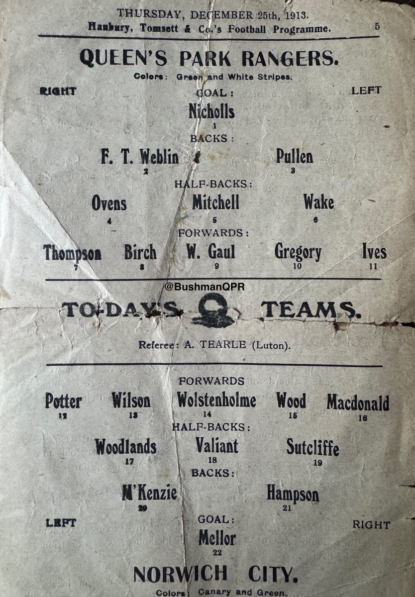 BushmanQPR's tweet photo. 1913: When They Played on #Christmas Day #QPR 1-1 @NorwichCityFC Jimmy Birch scored for @QPR in front of 15,000 at Park Royal. #QPRhistory https://t.co/9vVQdxDyjS