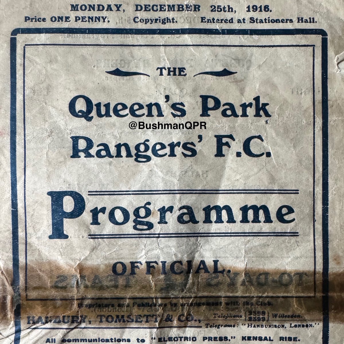 BushmanQPR's tweet photo. 1916: When They Played On #Christmas Day #QPR 2-3 @Arsenal George Dale and Vincent Hassan scored for #QPR in front of 3,000 at Kensal Rise Stadium. #WW1 #QPRhistory https://t.co/47f5gQo9DR